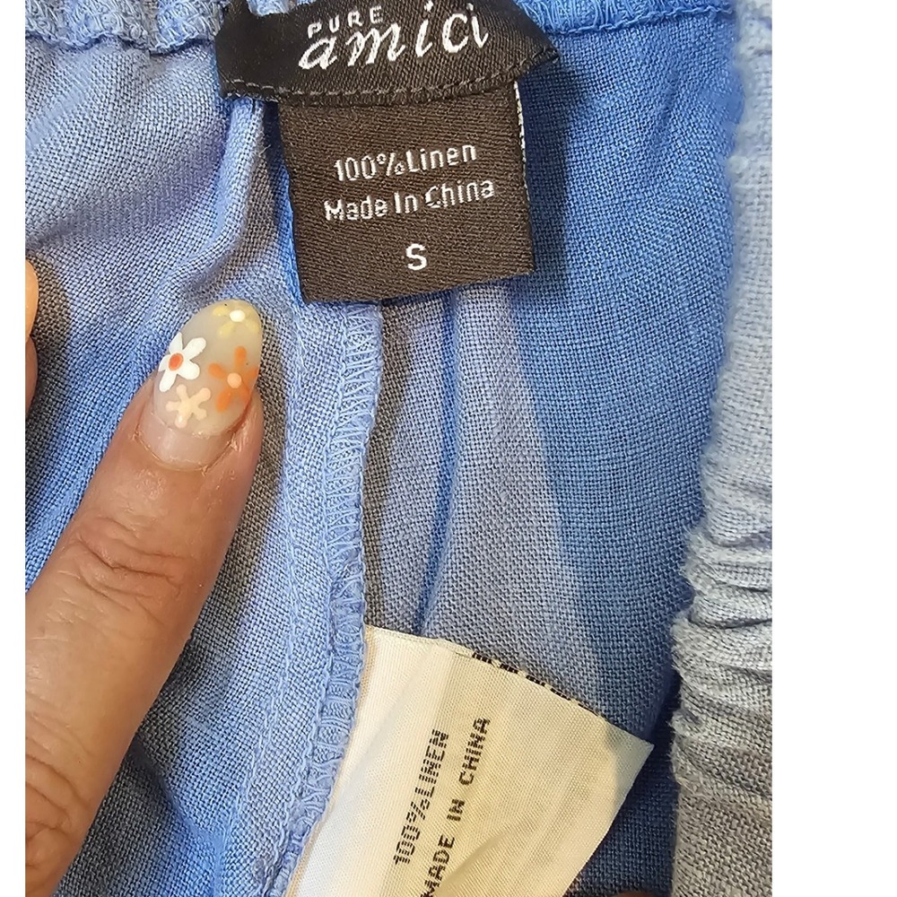 Pure Amici Blue Linen Pants Drawstring Elastic Waist Size Small - Picture 8 of 8
